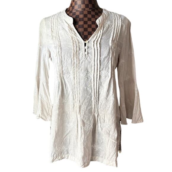 St. Tropez West Linen Blouse Small Pleated Beige 3/4 Bell Sleeve Tunic Shirt Top - Picture 2 of 7